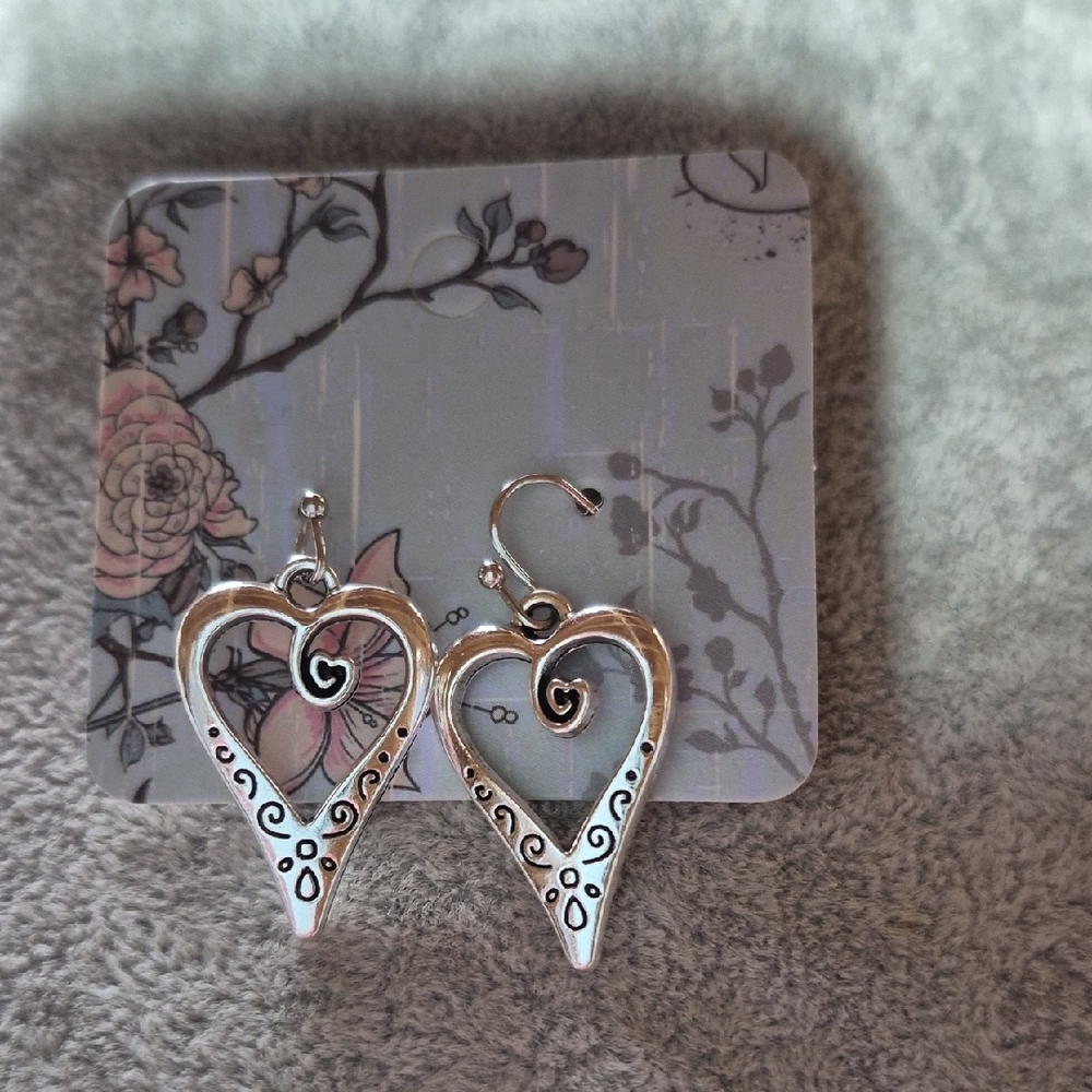 Silver Heart Earrings with Black Accents